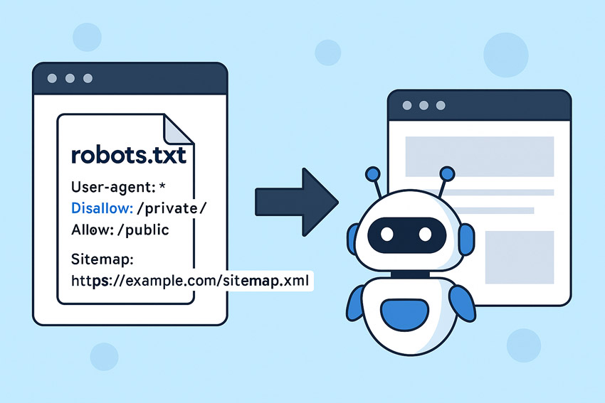 Схематичне зображення процесу створення та роботи файлу robots.txt для SEO — директиви Allow, Disallow, приклад sitemap, пошуковий бот перед сайтом.