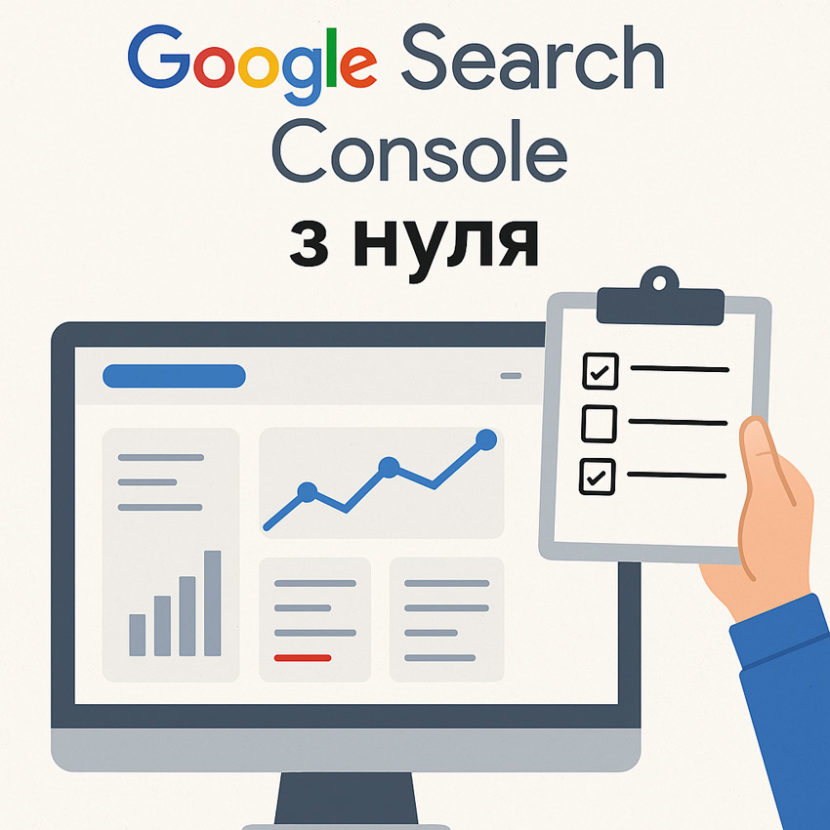 Ілюстрація інтерфейсу Google Search Console з комп’ютером і списком налаштувань, що символізує покрокову інструкцію з підключення сайту