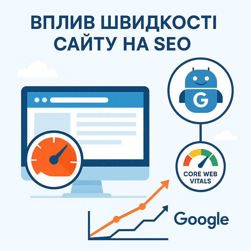 Інфографіка, яка показує зв’язок між швидкістю завантаження сайту та SEO: комп’ютер, графік позицій у Google і значок швидкості з текстом Core Web Vitals