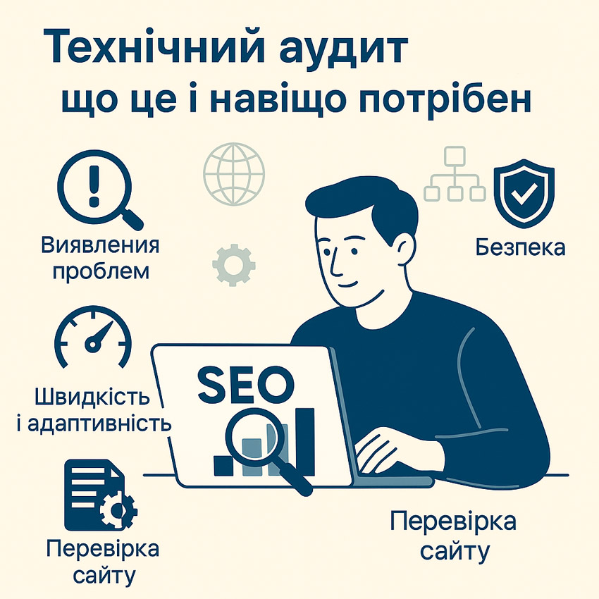 Інфографіка на тему технічного аудиту сайту: людина за ноутбуком із написом SEO, поруч іконки «Виявлення проблем», «Швидкість і адаптивність», «Перевірка сайту» та «Безпека».