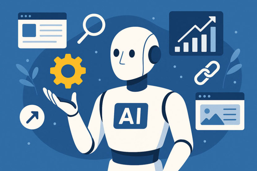 Ілюстрація робота з AI, що взаємодіє з SEO-елементами сайту: графіки, пошукові іконки, структура сайту, ланки.