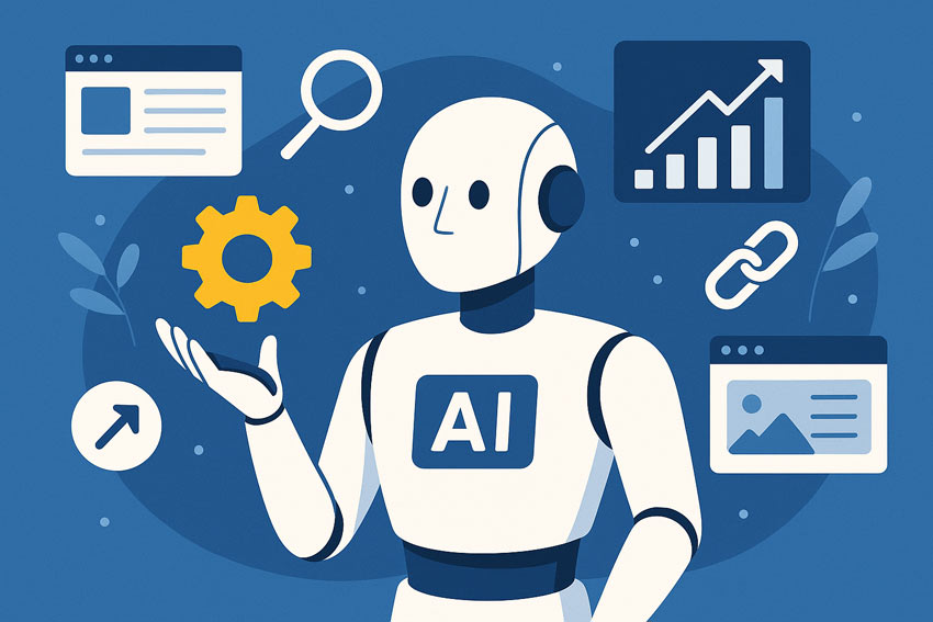 Ілюстрація робота з AI, що взаємодіє з SEO-елементами сайту: графіки, пошукові іконки, структура сайту, ланки.