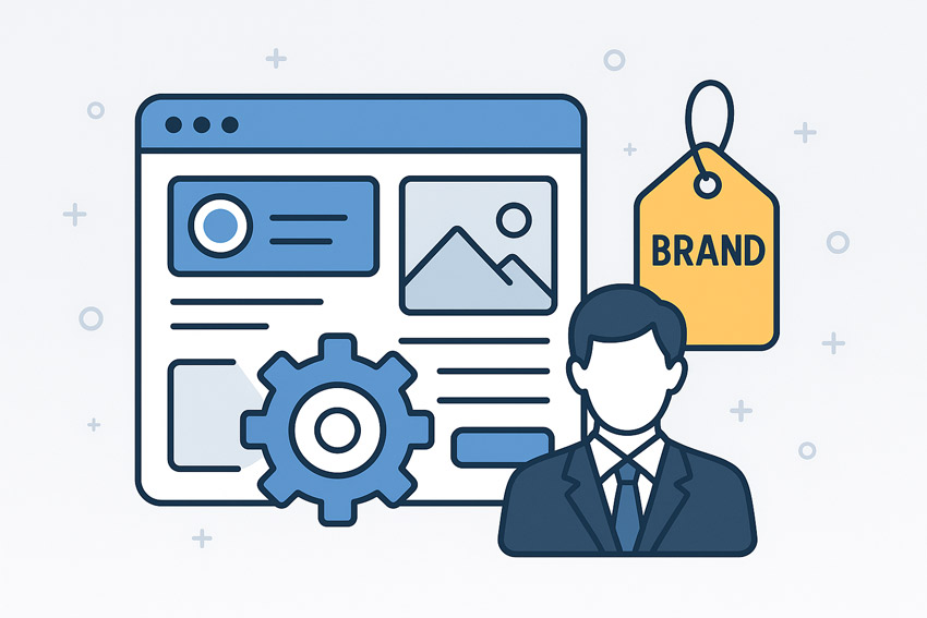Іконка людини в костюмі, шестерня, вікно сайту та бірка з написом BRAND, що символізують створення сайту та розвиток іміджу бренду в стилі InBiz.com.ua