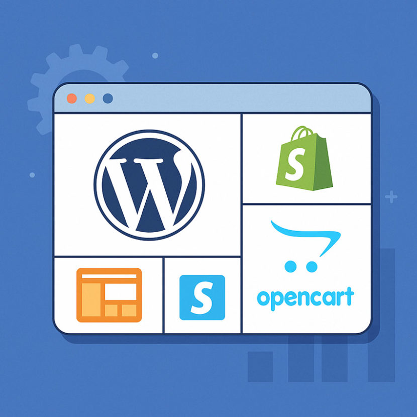 Абстрактна ілюстрація з іконками WordPress, Opencart і Shopify на світлому фоні з блакитними та бірюзовими акцентами в стилі InBiz.com.ua