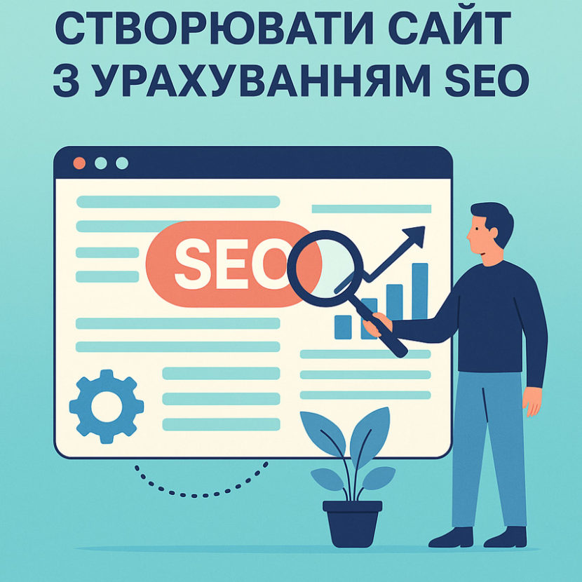 Ілюстрація процесу створення сучасного сайту з урахуванням SEO: схеми сайту, графіки оптимізації, пошукові іконки та адаптація під мобільні пристрої у світлих бізнес-тонках