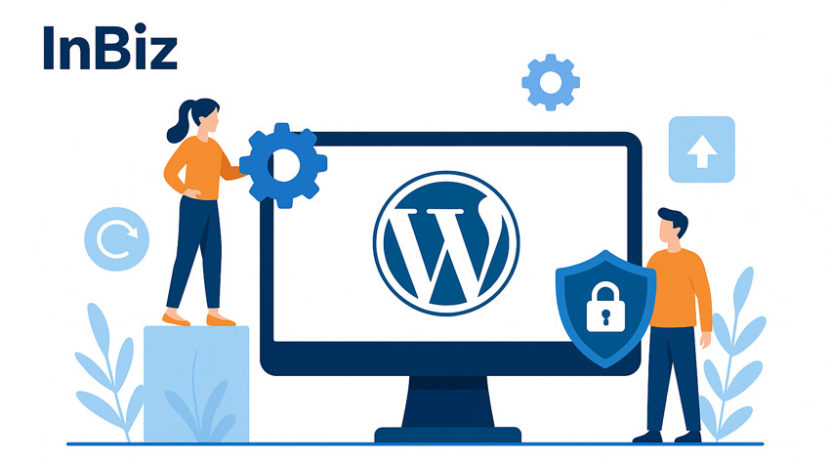 Ілюстрація в стилі InBiz.com.ua: екран з логотипом WordPress, чоловік із щитом безпеки та жінка з шестернею, що символізує оновлення та захист сайту