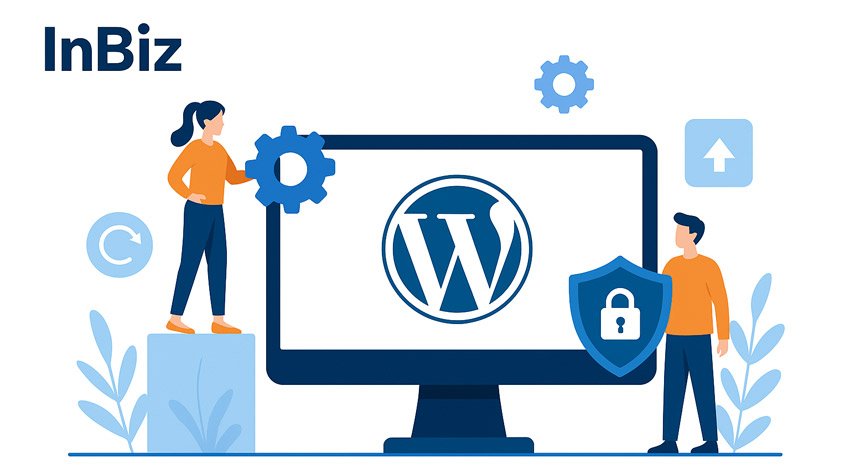 Ілюстрація в стилі InBiz.com.ua: екран з логотипом WordPress, чоловік із щитом безпеки та жінка з шестернею, що символізує оновлення та захист сайту