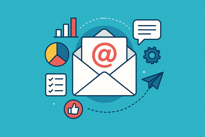 Ілюстрація концепції email-маркетингу: відкрита конверт з символом @, навколо якого розташовані іконки графіків, чату, чек-листа, шестерні, лайка та паперового літачка на бірюзовому фоні