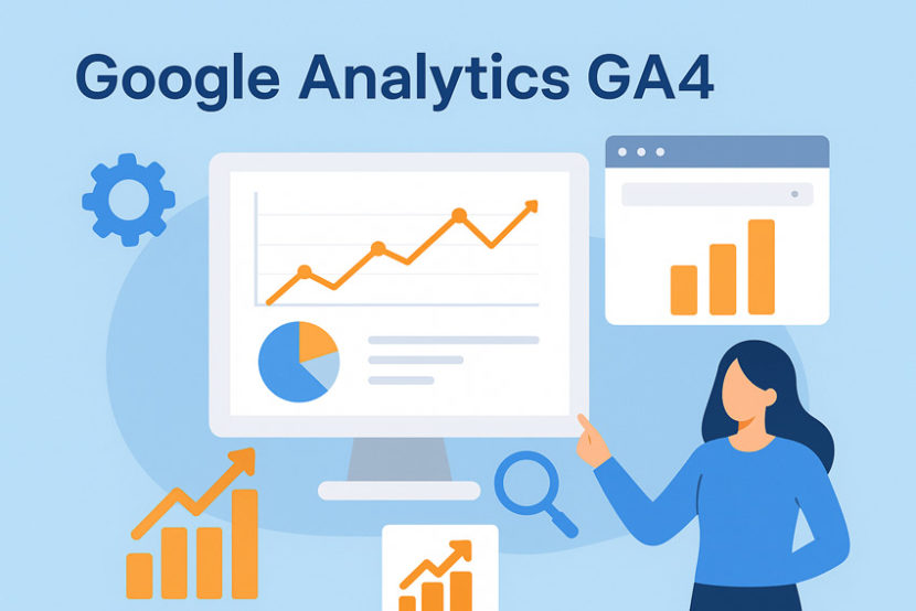Ілюстрація в стилі InBiz: жінка аналізує дані Google Analytics GA4 на моніторі з графіками, діаграмами та статистикою