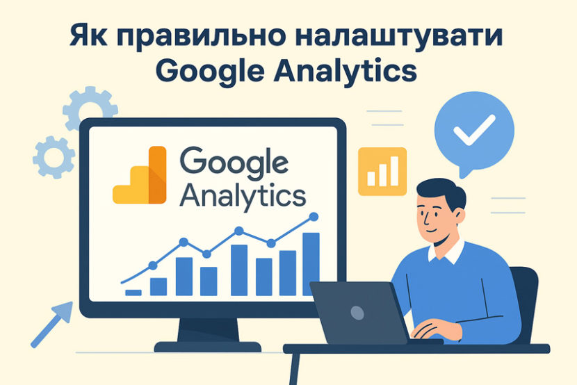 Ілюстрація в стилі InBiz.com.ua: людина працює за ноутбуком, поруч великий монітор із графіками та логотипом Google Analytics, навколо іконки аналітики та налаштувань
