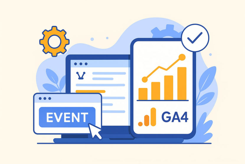 Ілюстрація створення власних подій у Google Analytics GA4 — ноутбук із налаштуваннями подій, вікно з кнопкою Event, смартфон із графіком зростання та логотипом GA4
