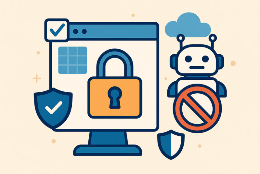 Ілюстрація захисту сайту від ботів: екран з замком, CAPTCHA, заборонений робот і щити безпеки в стилі flat-дизайну
