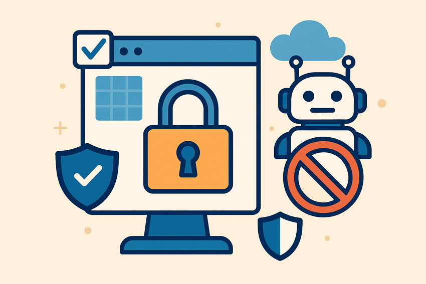 Ілюстрація захисту сайту від ботів: екран з замком, CAPTCHA, заборонений робот і щити безпеки в стилі flat-дизайну