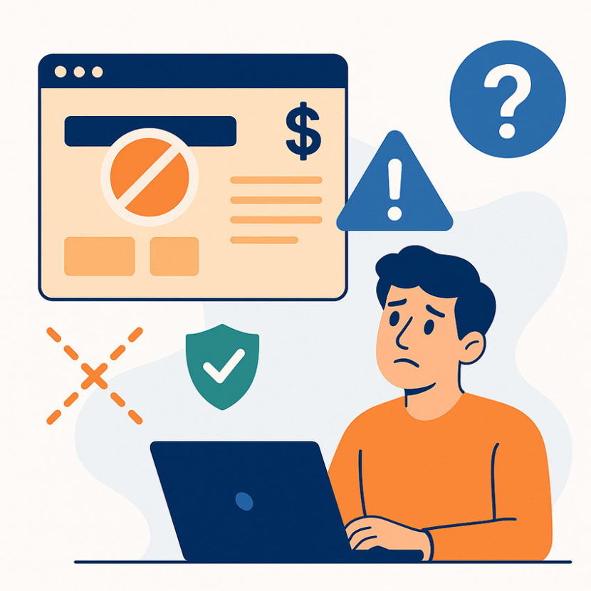Ілюстрація в стилі InBiz.com.ua: чоловік з розгубленим виглядом сидить за ноутбуком, поруч іконки заборони, попередження та захисту, що символізують ризики створення безкоштовних сайтів