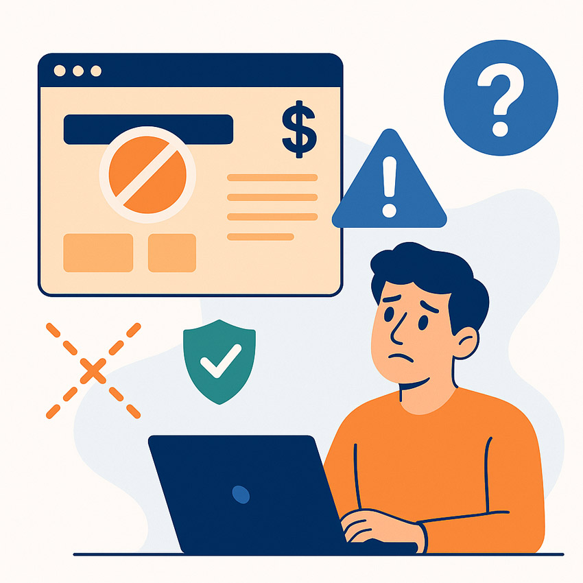 Ілюстрація в стилі InBiz.com.ua: чоловік з розгубленим виглядом сидить за ноутбуком, поруч іконки заборони, попередження та захисту, що символізують ризики створення безкоштовних сайтів
