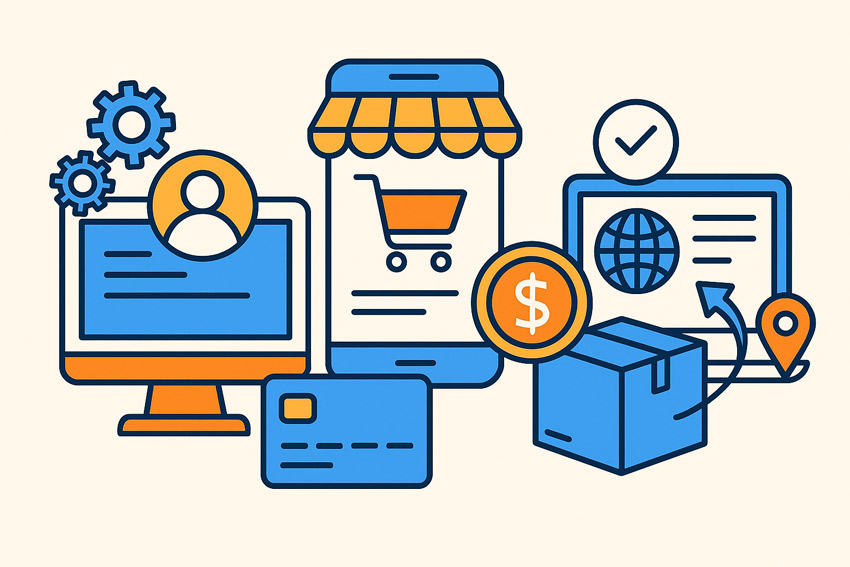 Ілюстрація інтеграцій для інтернет-магазину: CRM-система на моніторі, оплата через смартфон з кошиком і банківською картою, логістика з коробкою та глобусом на ноутбуці