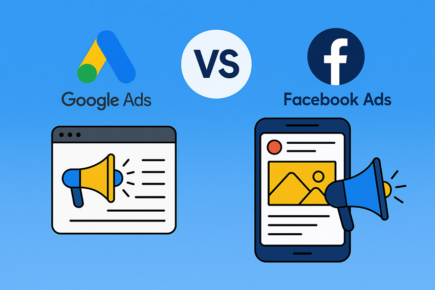 Ілюстрація порівняння Google Ads та Facebook Ads: зліва браузер з мегафоном символізує контекстну рекламу Google, справа смартфон з мегафоном символізує таргетовану рекламу Facebook