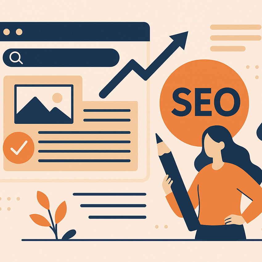 Ілюстрація у стилі InBiz: веб-сторінка з SEO-іконкою, графік зростання та жінка з великим олівцем на фоні бежевого фону з декоративними елементами