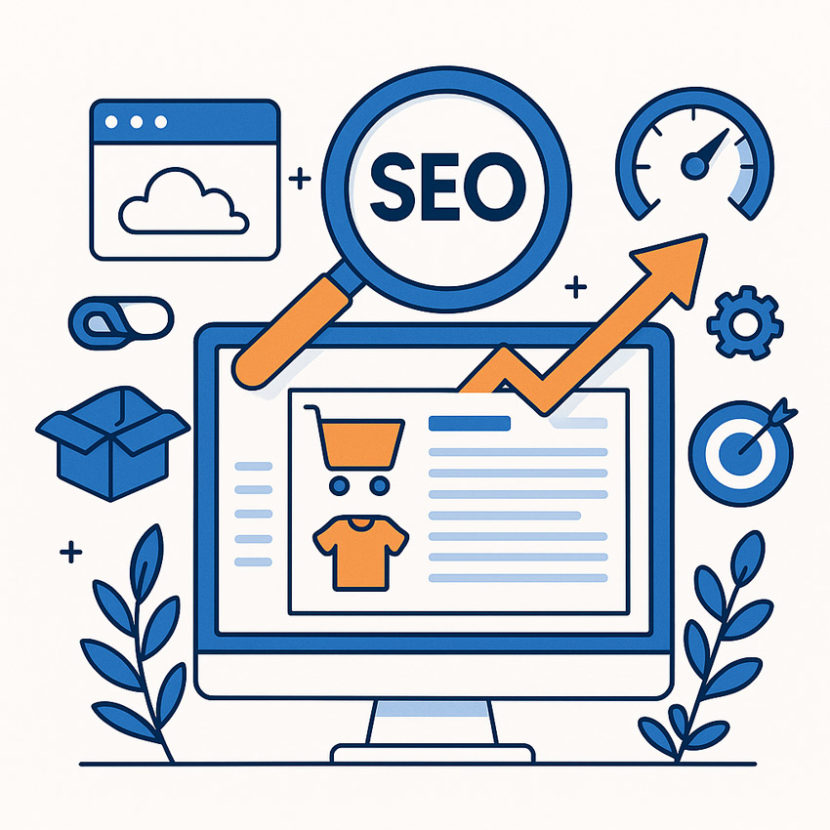 Ілюстрація процесу SEO для інтернет-магазину: монітор з товаром і кошиком, збільшувальне скло з написом SEO, стрілка зростання, піктограми швидкості, цілі та налаштувань, оформлено в стилі InBiz з синьо-оранжевою кольоровою схемою