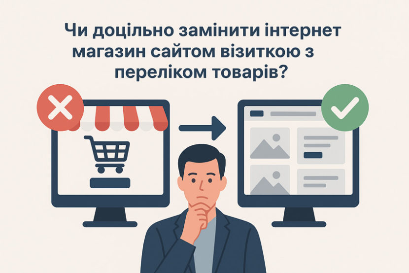 "Ілюстрація з порівнянням інтернет-магазину та сайту-візитки: зліва екран з корзиною покупок і червоним хрестиком, справа — сайт-візитка з товарами та зеленою галочкою; посередині чоловік замислено тримає підборіддя.