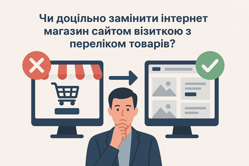 "Ілюстрація з порівнянням інтернет-магазину та сайту-візитки: зліва екран з корзиною покупок і червоним хрестиком, справа — сайт-візитка з товарами та зеленою галочкою; посередині чоловік замислено тримає підборіддя.