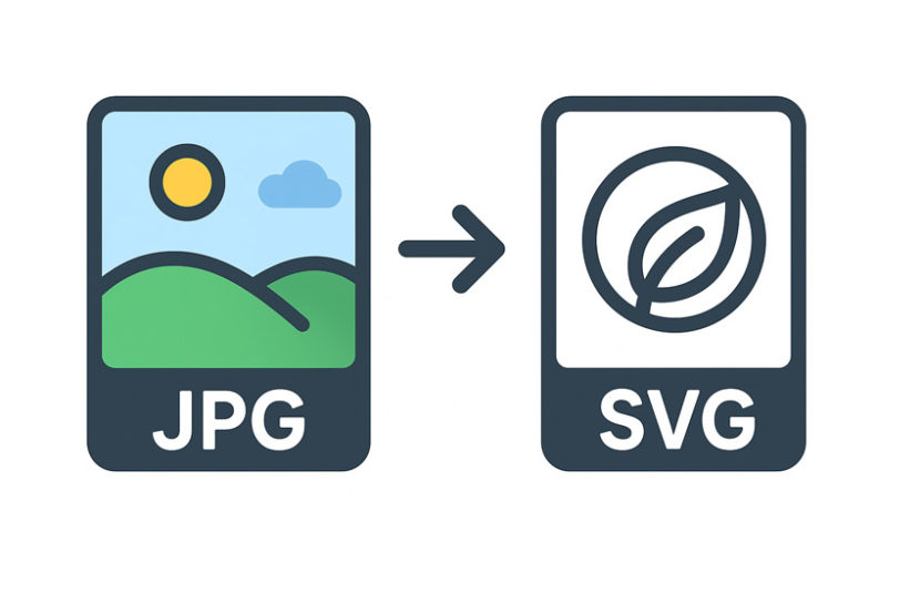 Ілюстрація порівняння JPG та SVG: зліва фото з пейзажем у форматі JPG, справа стилізований логотип у форматі SVG, між ними стрілка конвертації