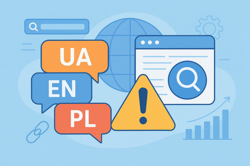 Ілюстрація про ризики мультимовності для SEO: мовні позначки UA, EN, PL у діалогових вікнах, знак попередження, іконки пошуку, графік та глобус