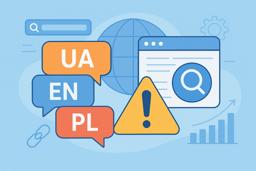 Ілюстрація про ризики мультимовності для SEO: мовні позначки UA, EN, PL у діалогових вікнах, знак попередження, іконки пошуку, графік та глобус