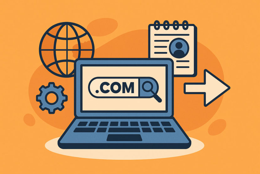 Ілюстрація у стилі InBiz.com.ua: ноутбук із пошуком доменного імені .COM, глобус, блокнот із профілем користувача, шестерня та стрілка на помаранчевому фоні