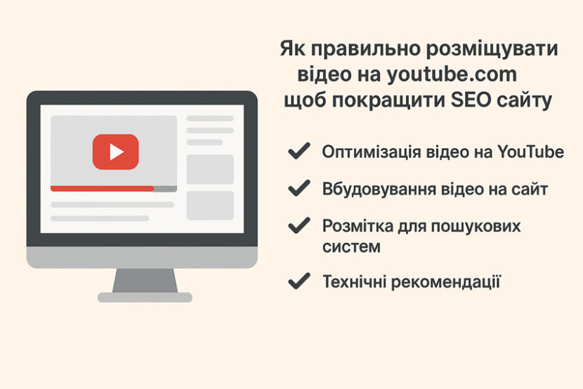 Мінімалістична ілюстрація екрана з відео YouTube та SEO елементами — оптимізація, вбудовування на сайт, розмітка та технічні рекомендації