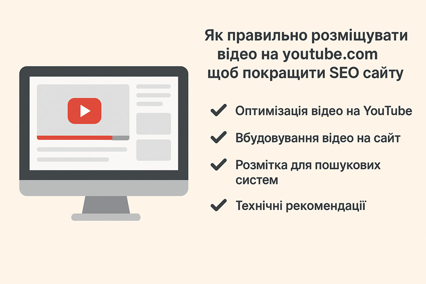Мінімалістична ілюстрація екрана з відео YouTube та SEO елементами — оптимізація, вбудовування на сайт, розмітка та технічні рекомендації