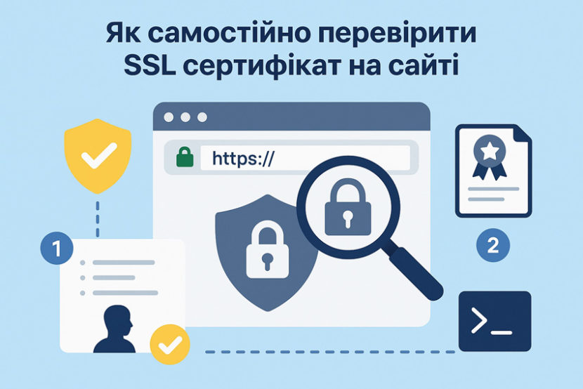 Ілюстрація перевірки SSL сертифіката: браузерне вікно з адресним рядком https та замочком, збільшувальне скло, іконки сертифіката, консолі та захисного щита