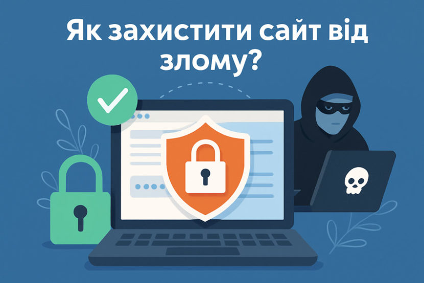 Захист сайту від злому — ноутбук із щитом і замком на екрані, поруч зелений замок із галочкою та хакер у капюшоні за ноутбуком із черепом