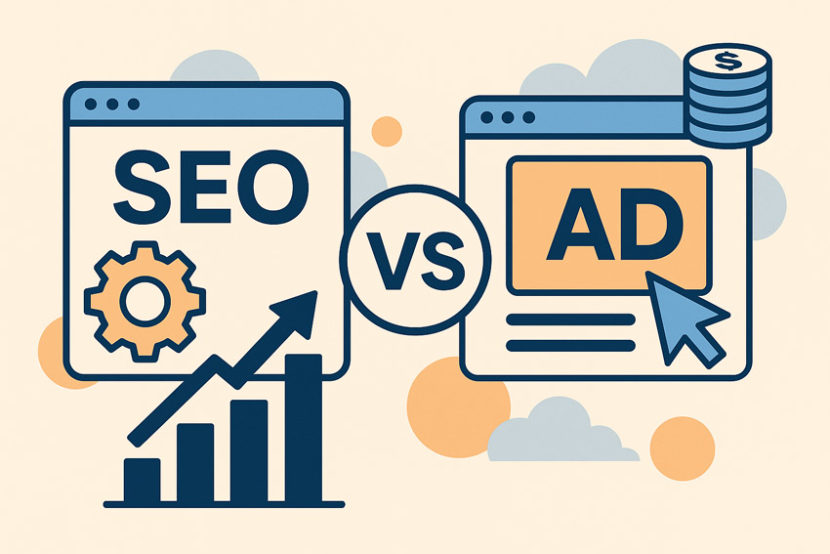Ілюстрація, що порівнює SEO та контекстну рекламу: ліворуч зображено SEO з графіком зростання та шестернею, праворуч – рекламу з піктограмою оголошення, курсором і монетами; у центрі коло з написом «VS»