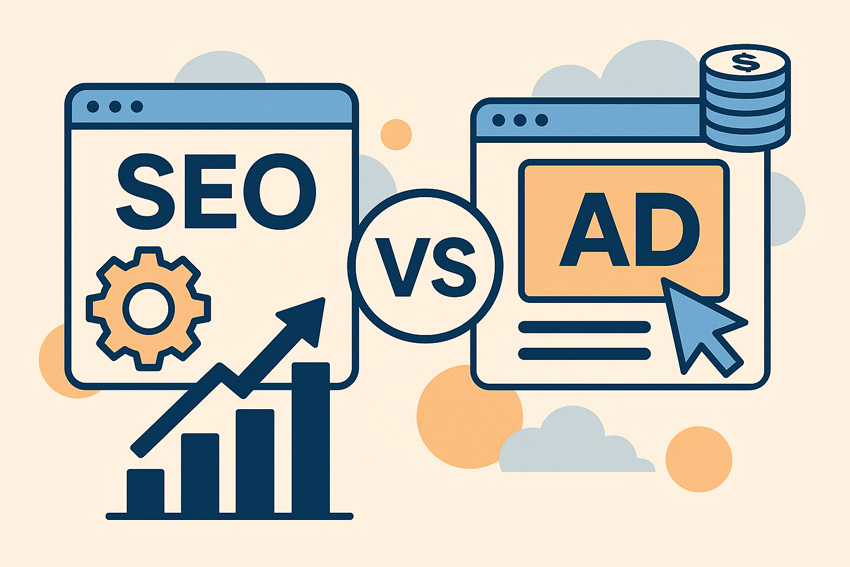 Ілюстрація, що порівнює SEO та контекстну рекламу: ліворуч зображено SEO з графіком зростання та шестернею, праворуч – рекламу з піктограмою оголошення, курсором і монетами; у центрі коло з написом «VS»