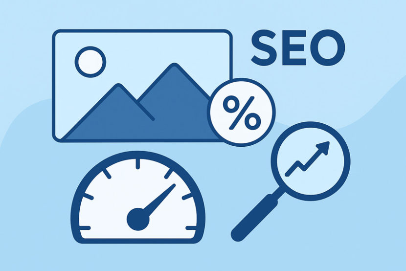 Ілюстрація впливу розміру та ваги фотографій на SEO: іконка зображення, лічильник швидкості, знак відсотка та лупа зі зростаючим графіком на блакитному фоні.