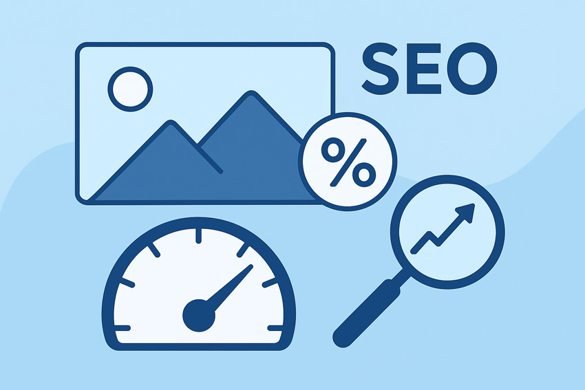 Ілюстрація впливу розміру та ваги фотографій на SEO: іконка зображення, лічильник швидкості, знак відсотка та лупа зі зростаючим графіком на блакитному фоні.