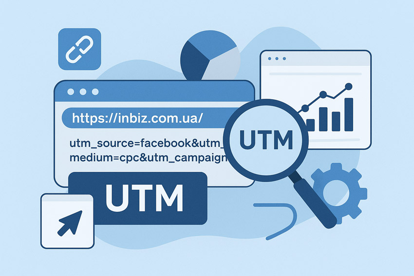 Ілюстрація UTM-міток у маркетингу: адресний рядок із параметрами utm_source, utm_medium, utm_campaign, збільшувальне скло з написом UTM, діаграма та графік аналітики на фоні