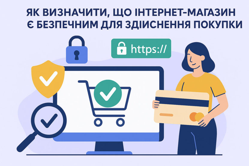 Ілюстрація безпечного інтернет-магазину: комп’ютер із візком і галочкою, значки замка, щита та https, жінка тримає банківську картку.