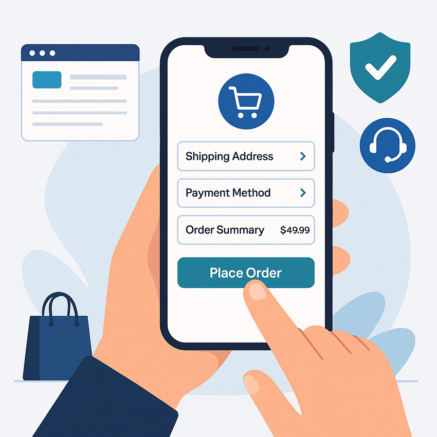 Користувач оформляє замовлення в інтернет-магазині на смартфоні, інтерфейс виглядає сучасно, деталі виділені у кольорах бренду InBiz