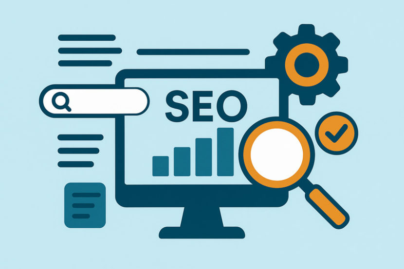 Ілюстрація SEO-аналізу з пошуком ключових слів, кластеризацією тем та оптимізацією сайту для пошукових систем