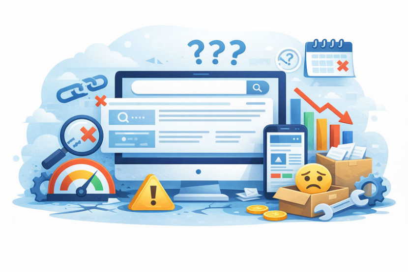 Ілюстрація проблем сайту без клієнтів з Google: повільне завантаження, помилки SEO, падіння трафіку та незручний сайт
