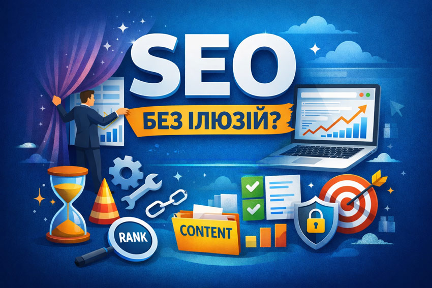 Ілюстрація SEO без ілюзій: аналітика зростання позицій сайту, контент, технічна оптимізація та реальні інструменти просування в Google