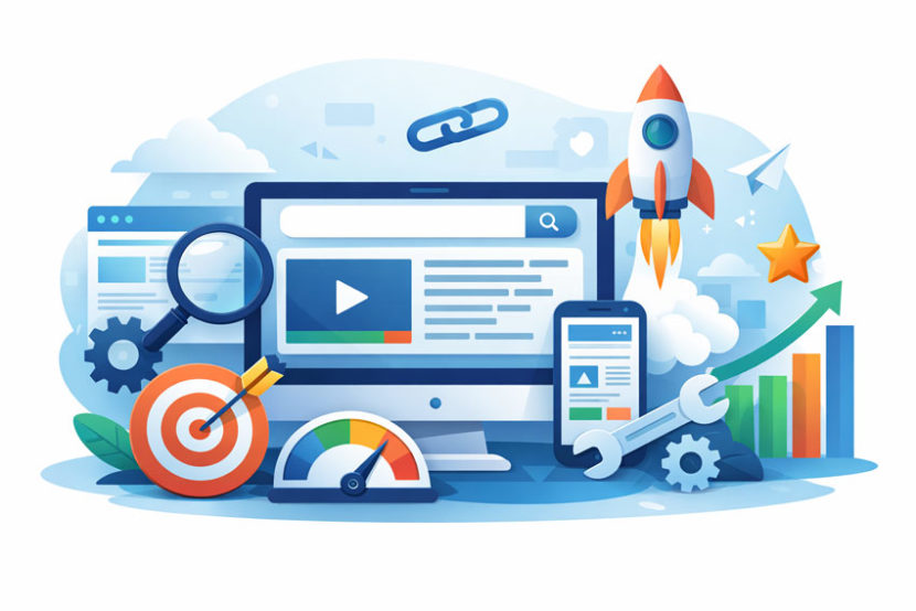 SEO-ілюстрація процесу оптимізації сайту: комп’ютер з вебсторінкою, пошук, аналітика, швидкість, мобільна адаптація та зростання позицій у Google