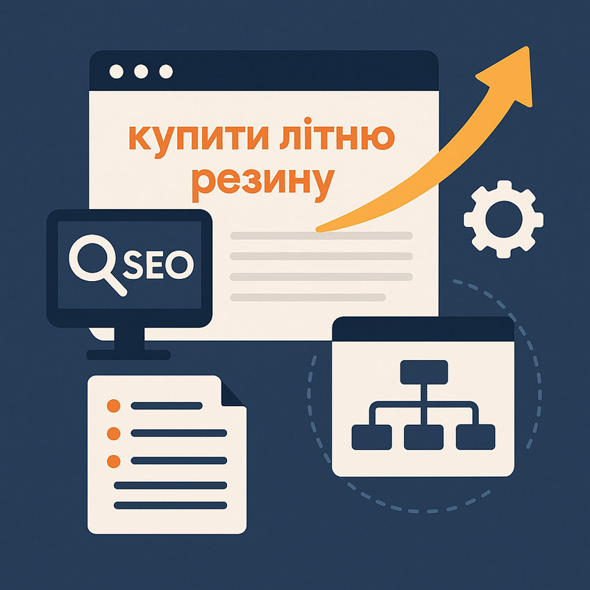Схематична ілюстрація SEO-стратегії для виходу в топ за високочастотним запитом купити літню резину з кластеризацією та зростанням позицій