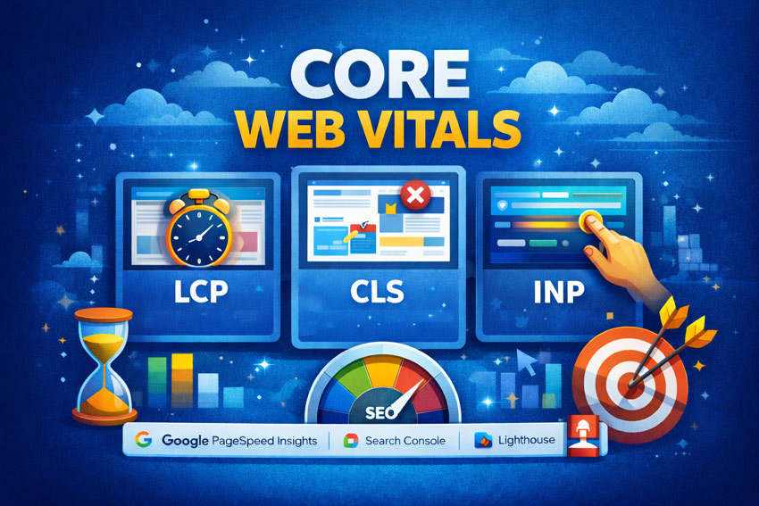 Core Web Vitals — візуальне пояснення показників LCP, CLS та INP для оцінки швидкості і зручності сайту
