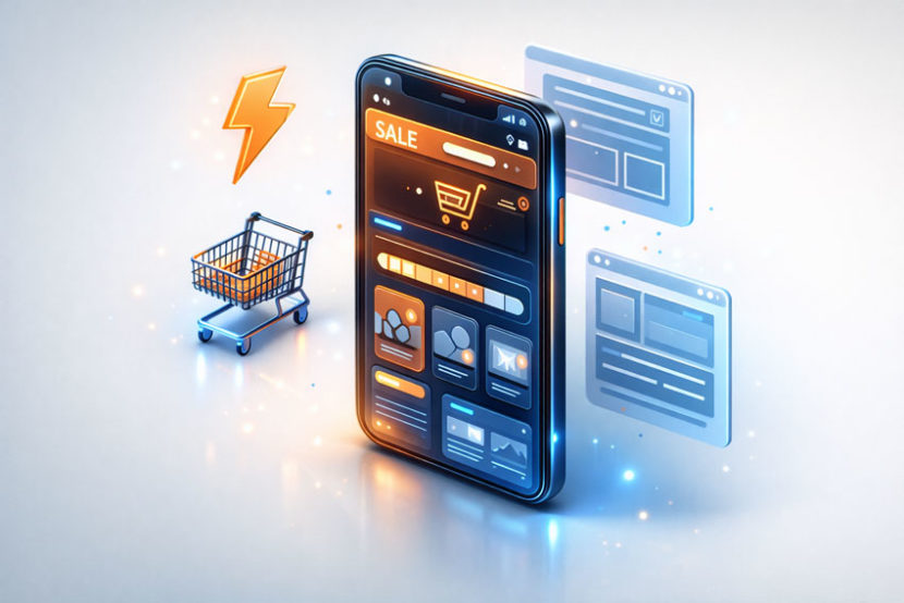 3D-ілюстрація концепції Mobile First: сучасний смартфон із мобільною версією інтернет-магазину, що швидко завантажується