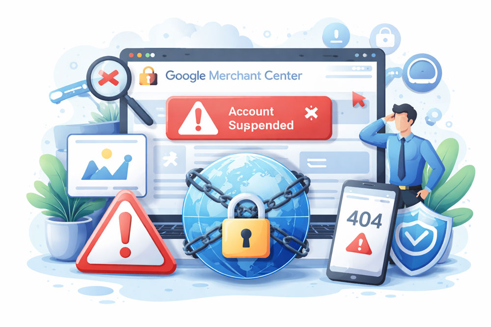 Блокування акаунту Google Merchant Center через нефункціональні сторінки та недоступність сайту