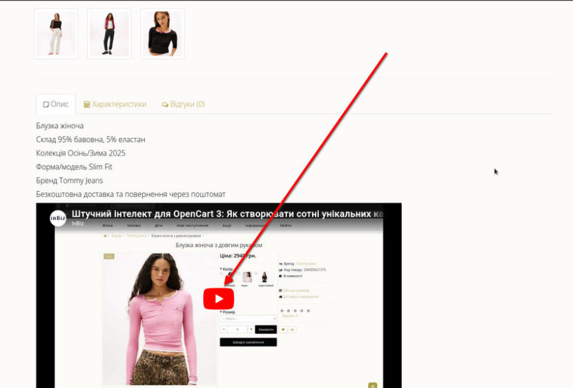 зображення показує як вбудувати відео з YouTube в OpenCart 3