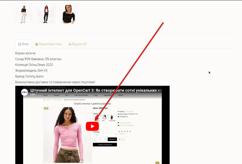 зображення показує як вбудувати відео з YouTube в OpenCart 3